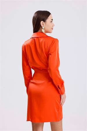 Kruvaze Yaka Önü Düğmeli Elbise Saten - Turuncu