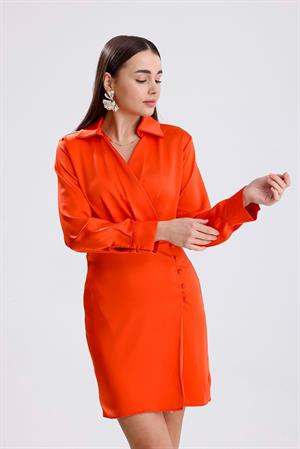 Kruvaze Yaka Önü Düğmeli Elbise Saten - Turuncu