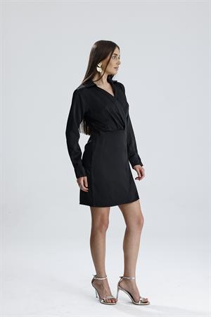 Kruvaze Yaka Önü Düğmeli Elbise Saten - Siyah