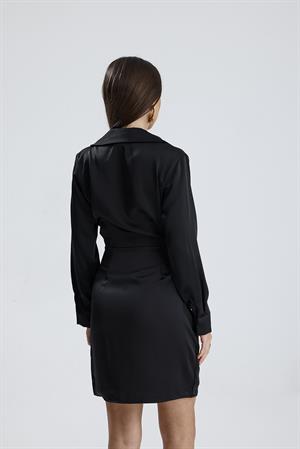 Kruvaze Yaka Önü Düğmeli Elbise Saten - Siyah