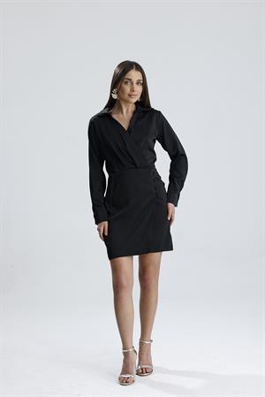 Kruvaze Yaka Önü Düğmeli Elbise Saten - Siyah