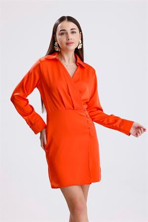 Kruvaze Yaka Önü Düğmeli Elbise Saten - Turuncu