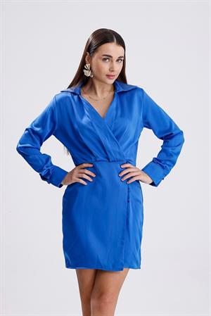 Kruvaze Yaka Önü Düğmeli Elbise Saten - SaksMavisi