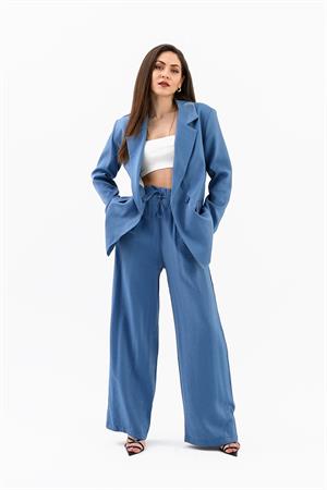 Kruvaze Yaka Parlak Keten Blazer Ceket - İndigo