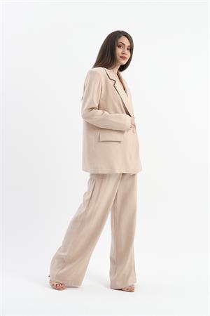 Kruvaze Yaka Parlak Keten Blazer Ceket - Taş