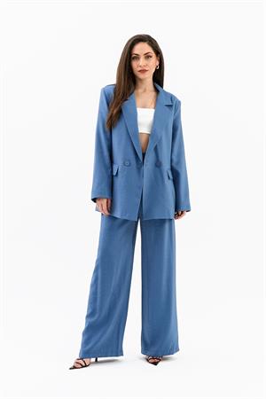 Kruvaze Yaka Parlak Keten Blazer Ceket - İndigo