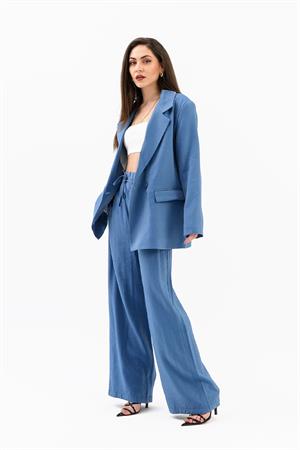 Kruvaze Yaka Parlak Keten Blazer Ceket - İndigo