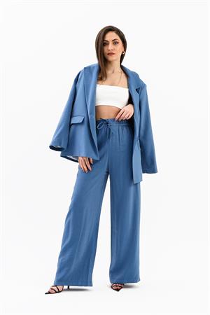 Kruvaze Yaka Parlak Keten Blazer Ceket - İndigo