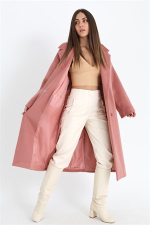 Kruvaze Yaka Uzun Kaşe Kaban - Pudra