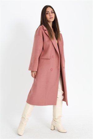 Kruvaze Yaka Uzun Kaşe Kaban - Pudra