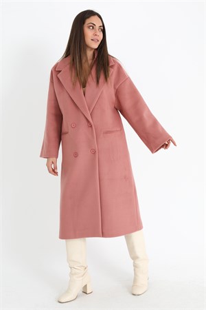 Kruvaze Yaka Uzun Kaşe Kaban - Pudra