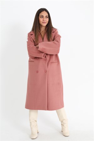 Kruvaze Yaka Uzun Kaşe Kaban - Pudra