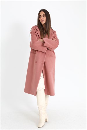 Kruvaze Yaka Uzun Kaşe Kaban - Pudra