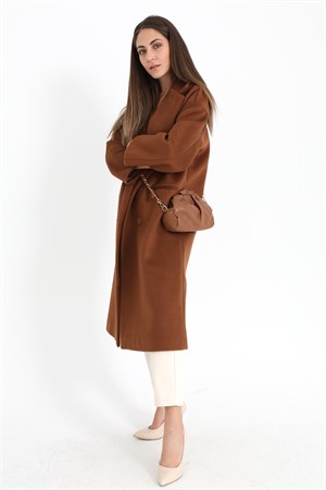 Kruvaze Yaka Uzun Kaşe Kaban - Taba