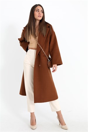 Kruvaze Yaka Uzun Kaşe Kaban - Taba