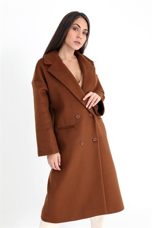 Kruvaze Yaka Uzun Kaşe Kaban - Taba