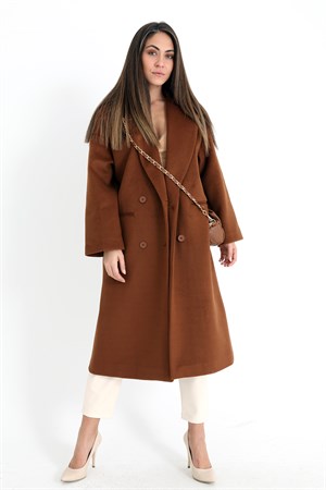 Kruvaze Yaka Uzun Kaşe Kaban - Taba