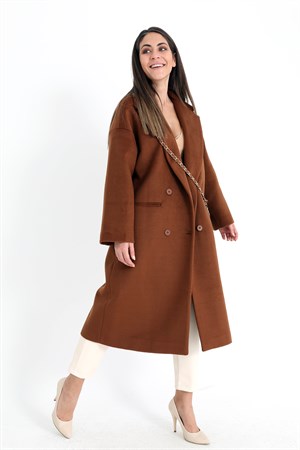 Kruvaze Yaka Uzun Kaşe Kaban - Taba