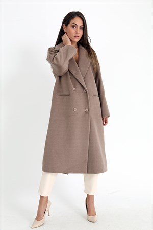 Kruvaze Yaka Uzun Kaşe Kaban - Vizon