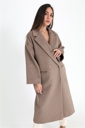 Kruvaze Yaka Uzun Kaşe Kaban - Vizon