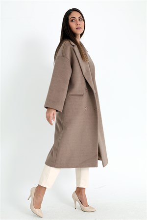 Kruvaze Yaka Uzun Kaşe Kaban - Vizon