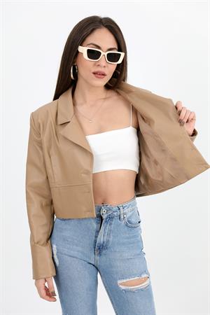 Kruvaze Yaka Vatkalı Düğmeli Kısa Deri Ceket - Camel