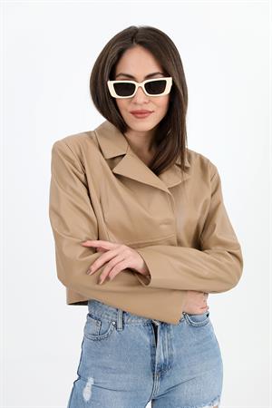 Kruvaze Yaka Vatkalı Düğmeli Kısa Deri Ceket - Camel