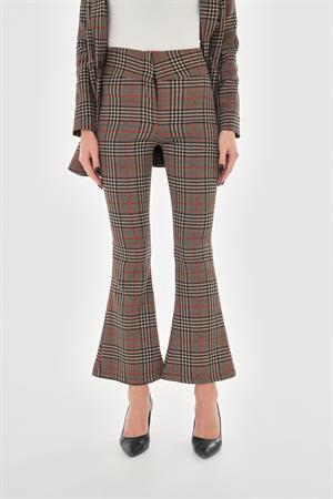 Likralı İspanyol Paça Ekose Pantolon - Kırmızı