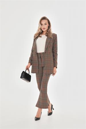 Likralı İspanyol Paça Ekose Pantolon - Kırmızı