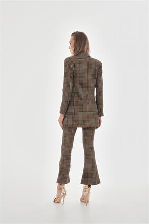 Likralı İspanyol Paça Ekose Pantolon - Vizon