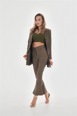 Likralı İspanyol Paça Ekose Pantolon - Vizon