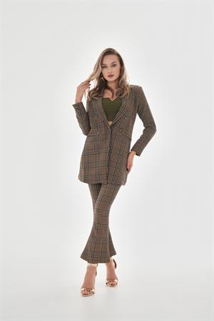 Likralı İspanyol Paça Ekose Pantolon - Vizon