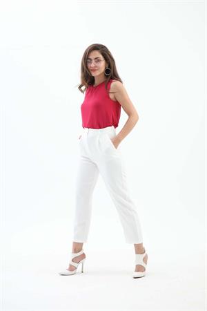 Memur Kesim Cepli Kumaş Pantolon - Beyaz