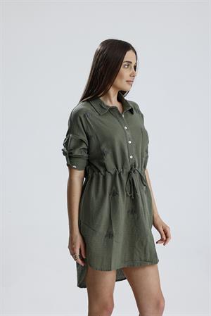 Nakışlı Gömlek Elbise - Haki