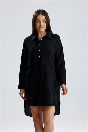 Nakışlı Gömlek Elbise - Siyah