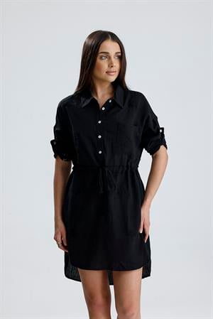 Nakışlı Gömlek Elbise - Siyah