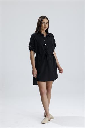 Nakışlı Gömlek Elbise - Siyah