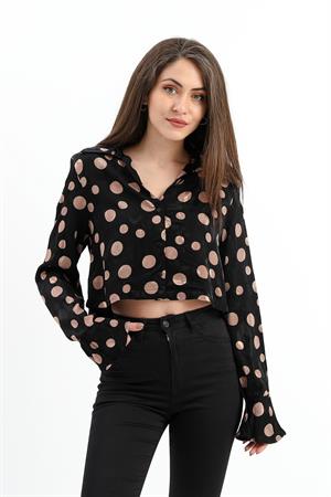 Omuzları Vatkalı Kolları Volanlı Puantiyeli Saten Gömlek - Siyah-Camel