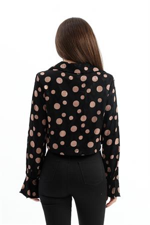Omuzları Vatkalı Kolları Volanlı Puantiyeli Saten Gömlek - Siyah-Camel