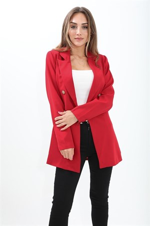 Omuzları Vatkalı Önü Çıtçıtlı Atlas Kumaş Kadın Blazer Ceket - Kırmızı