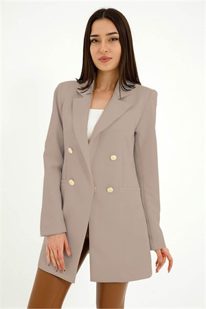 Omuzları Vatkalı Önü Çıtçıtlı Atlas Kumaş Kadın Blazer Ceket - Vizon