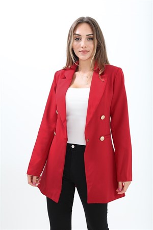Omuzları Vatkalı Önü Çıtçıtlı Atlas Kumaş Kadın Blazer Ceket - Kırmızı