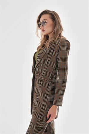 Omuzları Vatkalı Önü Çıtçıtlı Ekose Blazer Ceket - Vizon