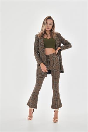 Omuzları Vatkalı Önü Çıtçıtlı Ekose Blazer Ceket - Vizon