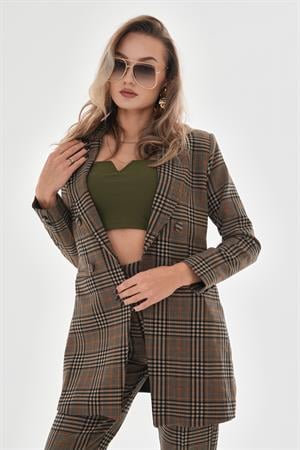 Omuzları Vatkalı Önü Çıtçıtlı Ekose Blazer Ceket - Vizon