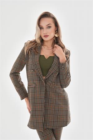 Omuzları Vatkalı Önü Çıtçıtlı Ekose Blazer Ceket - Vizon
