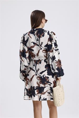 Önü Bağlamalı Kruvaze Yaka Baskılı Elbise - Kahve