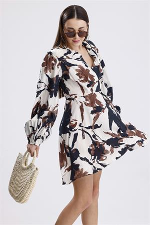 Önü Bağlamalı Kruvaze Yaka Baskılı Elbise - Kahve