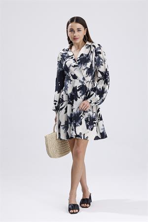 Önü Bağlamalı Kruvaze Yaka Baskılı Elbise - Siyah