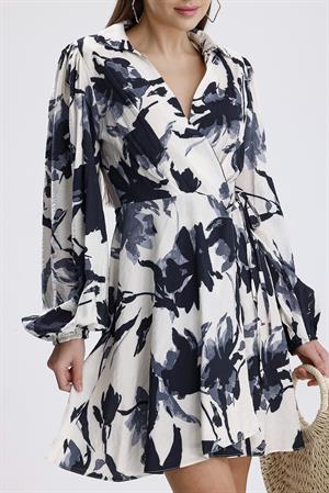 Önü Bağlamalı Kruvaze Yaka Baskılı Elbise - Siyah